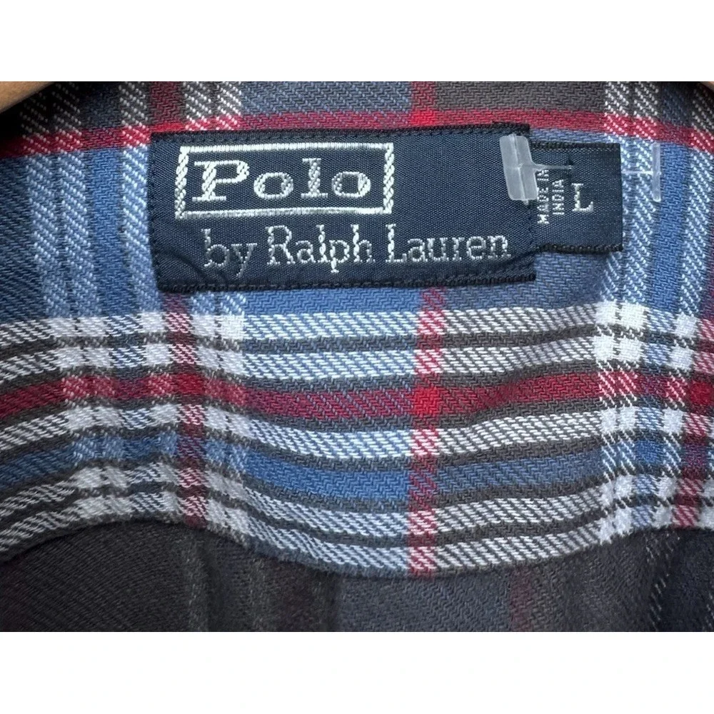 VTG 90s Polo Ralph Lauren Shipyard Supply Flannel Blue Shirt Large Loop Collar